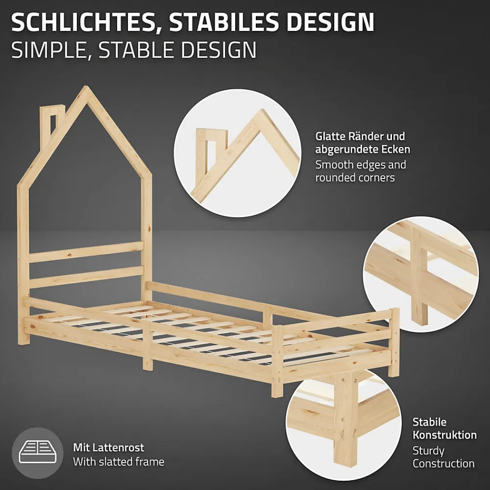 Lit d'enfant 90x200 cm naturel forme maison bois de pin avec sommier à lattes sans matelas>Ml-Design Best