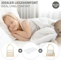 Lit d'enfant 90x200 cm naturel forme maison bois de pin avec sommier à lattes sans matelas><noscript><img width=