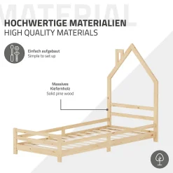 Lit d'enfant 90x200 cm naturel forme maison bois de pin avec sommier à lattes sans matelas><noscript><img width=