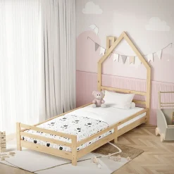 Lit d'enfant 90x200 cm naturel forme maison bois de pin avec sommier à lattes sans matelas><noscript><img width=