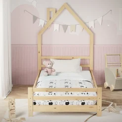 Lit d'enfant 90x200 cm naturel forme maison bois de pin avec sommier à lattes sans matelas><noscript><img width=