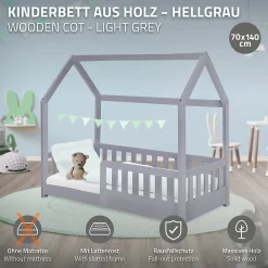 Ml-Design Lit d'enfant 140x70cm gris clair bois de pin avec toit et sommier protection contre chutes*Enfant Lit Enfant