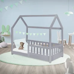 Ml-Design Lit d'enfant 140x70cm gris clair bois de pin avec toit et sommier protection contre chutes*Enfant Lit Enfant