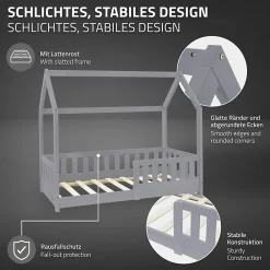 Ml-Design Lit d'enfant 140x70cm gris clair bois de pin avec toit et sommier protection contre chutes*Enfant Lit Enfant