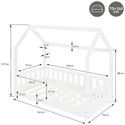 Ml-Design Lit d'enfant 140x70cm blanc en bois de pin avec toit et sommier protection contre chutes*Enfant Lit Enfant