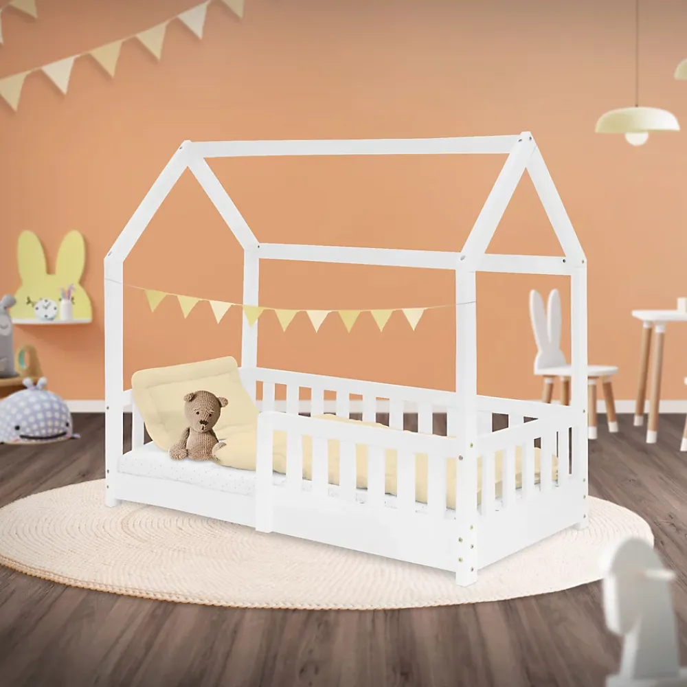 Ml-Design Lit d'enfant 140x70cm blanc en bois de pin avec toit et sommier protection contre chutes*Enfant Lit Enfant