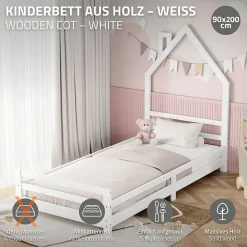 Ml-Design Lit d'enfant 90x200cm blanc forme maison en bois de pin avec sommier à lattes sans matelas*Enfant Lit Enfant