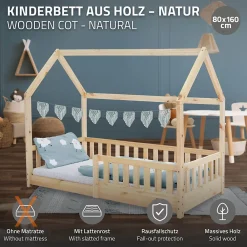 Ml-Design Lit d'enfant 160x80cm naturel en bois de pin avec toit et sommier protection contre chutes*Enfant Lit Enfant