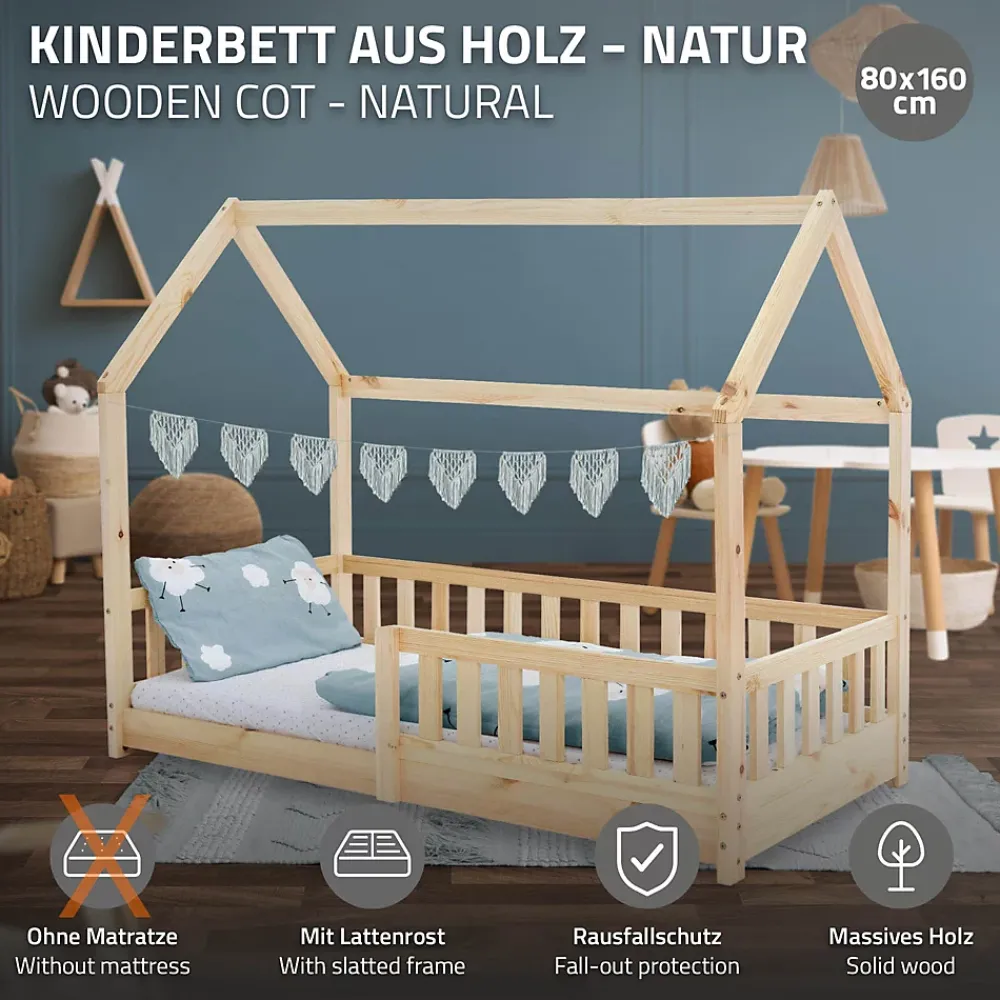 Ml-Design Lit d'enfant 160x80cm naturel en bois de pin avec toit et sommier protection contre chutes*Enfant Lit Enfant