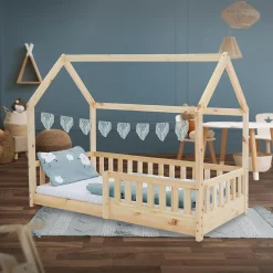 Ml-Design Lit d'enfant 160x80cm naturel en bois de pin avec toit et sommier protection contre chutes*Enfant Lit Enfant