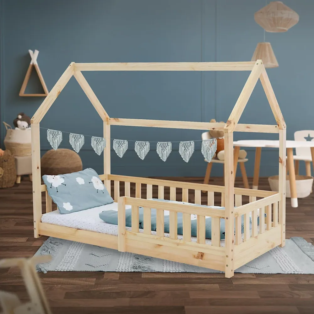 Ml-Design Lit d'enfant 160x80cm naturel en bois de pin avec toit et sommier protection contre chutes*Enfant Lit Enfant