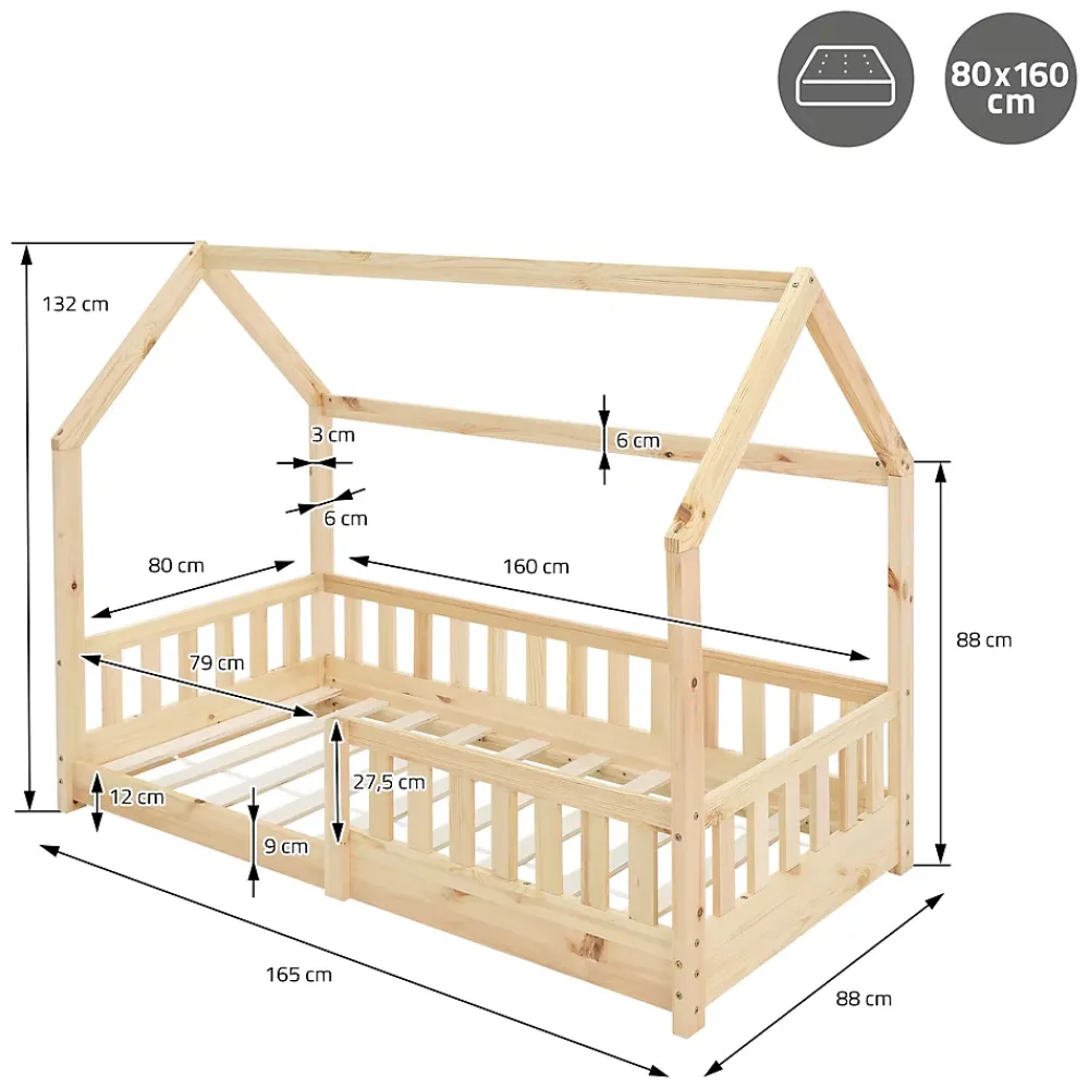 Ml-Design Lit d'enfant 160x80cm naturel en bois de pin avec toit et sommier protection contre chutes*Enfant Lit Enfant