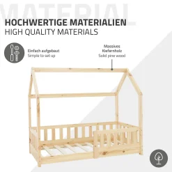Ml-Design Lit d'enfant 140x70cm naturel en bois de pin avec toit et sommier protection contre chutes* Sommier