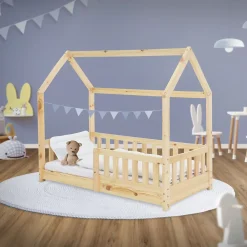 Ml-Design Lit d'enfant 140x70cm naturel en bois de pin avec toit et sommier protection contre chutes* Sommier