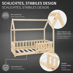 Ml-Design Lit d'enfant 140x70cm naturel en bois de pin avec toit et sommier protection contre chutes* Sommier