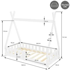 Lit d'enfants Tipi 70x140 cm blanc maison indien en bois de pin sommier et clôture de jeu><noscript><img width=