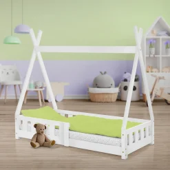 Lit d'enfants Tipi 70x140 cm blanc maison indien en bois de pin sommier et clôture de jeu><noscript><img width=