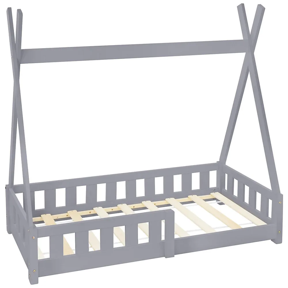 Lit d'enfants Tipi 70x140 cm gris clair maison indien bois de pin sommier clôture de jeu>Ml-Design Hot