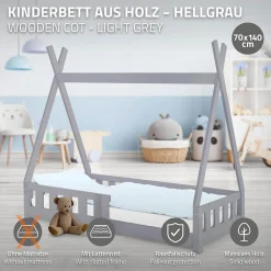 Lit d'enfants Tipi 70x140 cm gris clair maison indien bois de pin sommier clôture de jeu>Ml-Design Hot