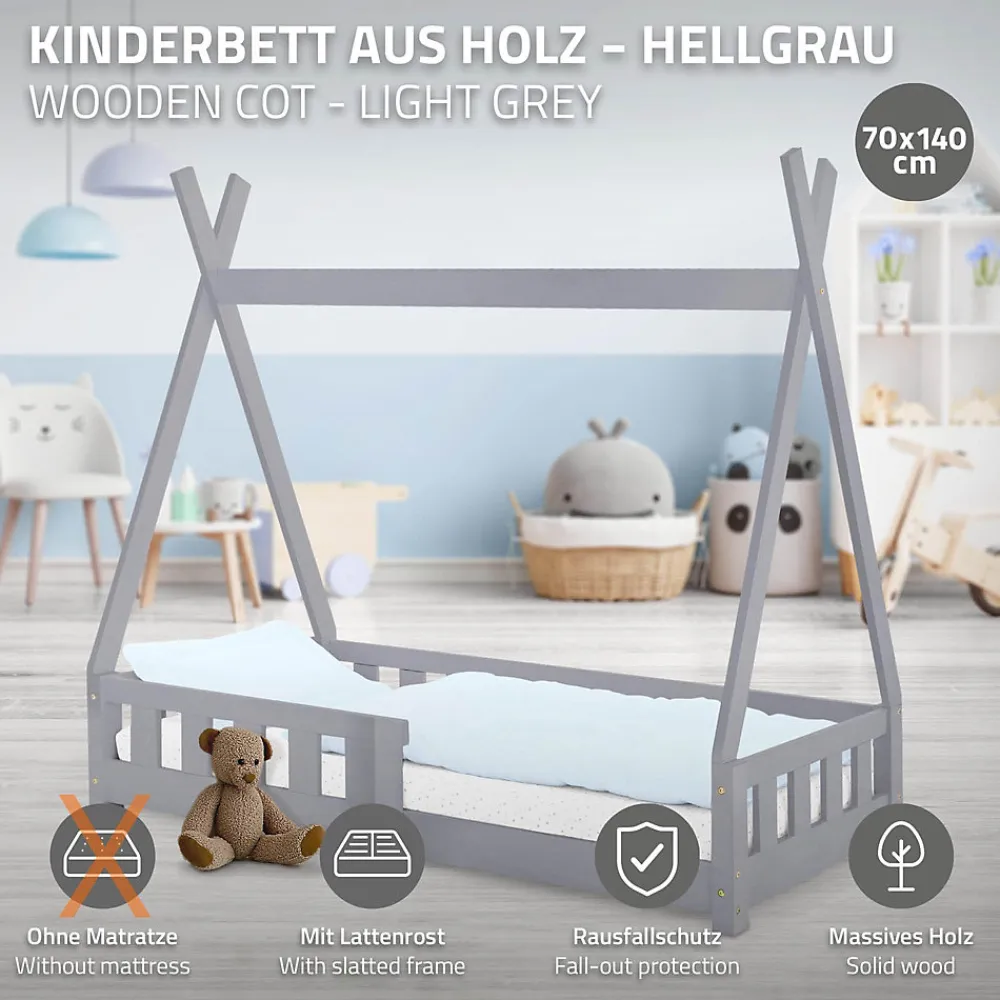 Lit d'enfants Tipi 70x140 cm gris clair maison indien bois de pin sommier clôture de jeu>Ml-Design Hot