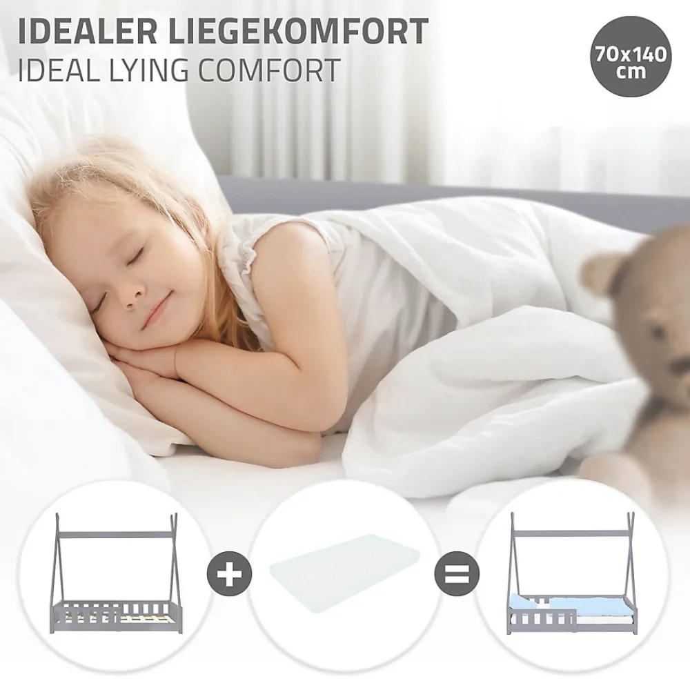 Lit d'enfants Tipi 70x140 cm gris clair maison indien bois de pin sommier clôture de jeu>Ml-Design Hot