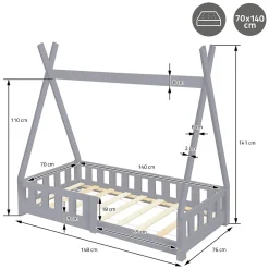 Lit d'enfants Tipi 70x140 cm gris clair maison indien bois de pin sommier clôture de jeu><noscript><img width=