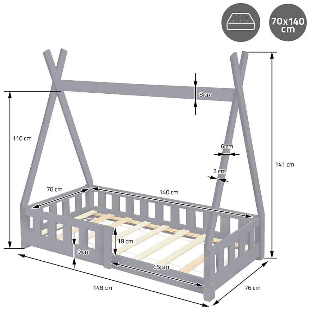 Lit d'enfants Tipi 70x140 cm gris clair maison indien bois de pin sommier clôture de jeu>Ml-Design Hot