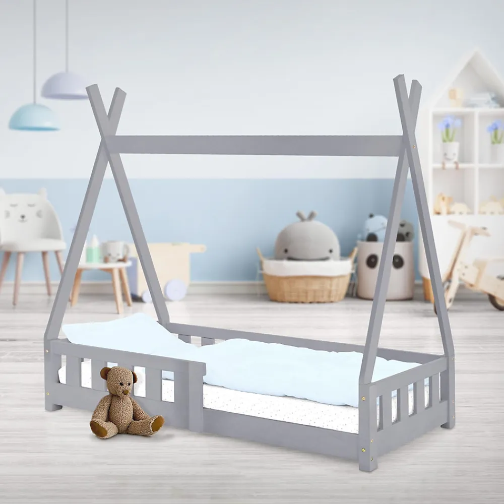 Lit d'enfants Tipi 70x140 cm gris clair maison indien bois de pin sommier clôture de jeu>Ml-Design Hot