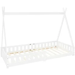 Lit d'enfants Tipi 90x200 cm blanc indien en bois de pin avec sommier et clôture de jeu>Ml-Design Hot