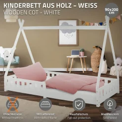 Lit d'enfants Tipi 90x200 cm blanc indien en bois de pin avec sommier et clôture de jeu>Ml-Design Hot