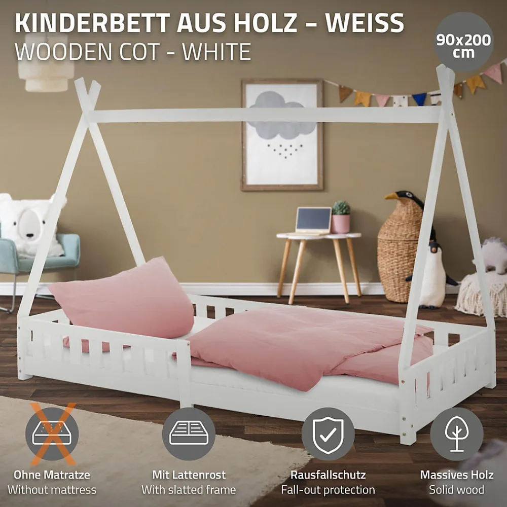 Lit d'enfants Tipi 90x200 cm blanc indien en bois de pin avec sommier et clôture de jeu>Ml-Design Hot