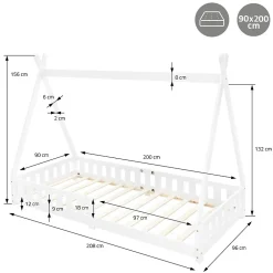 Lit d'enfants Tipi 90x200 cm blanc indien en bois de pin avec sommier et clôture de jeu><noscript><img width=