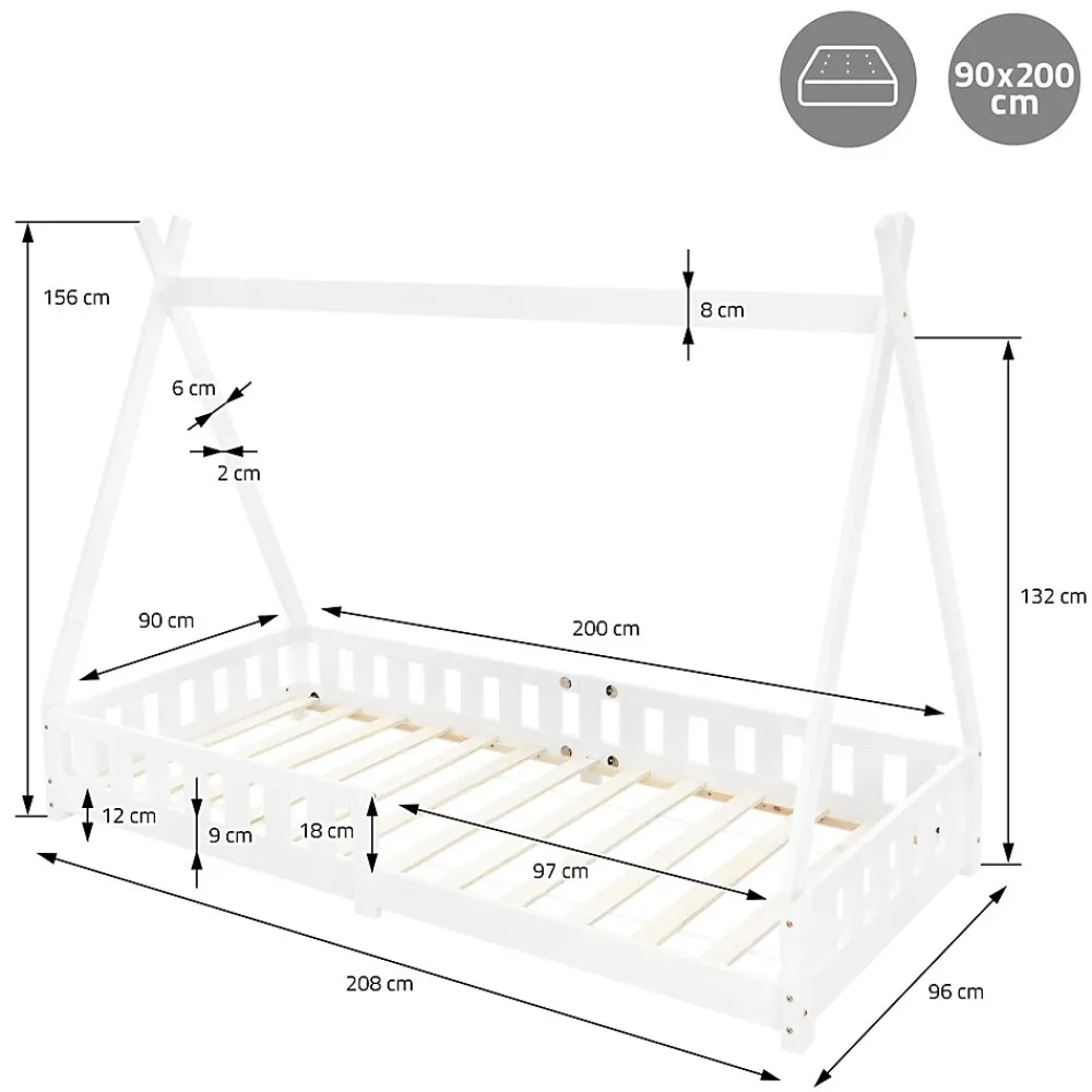 Lit d'enfants Tipi 90x200 cm blanc indien en bois de pin avec sommier et clôture de jeu>Ml-Design Hot
