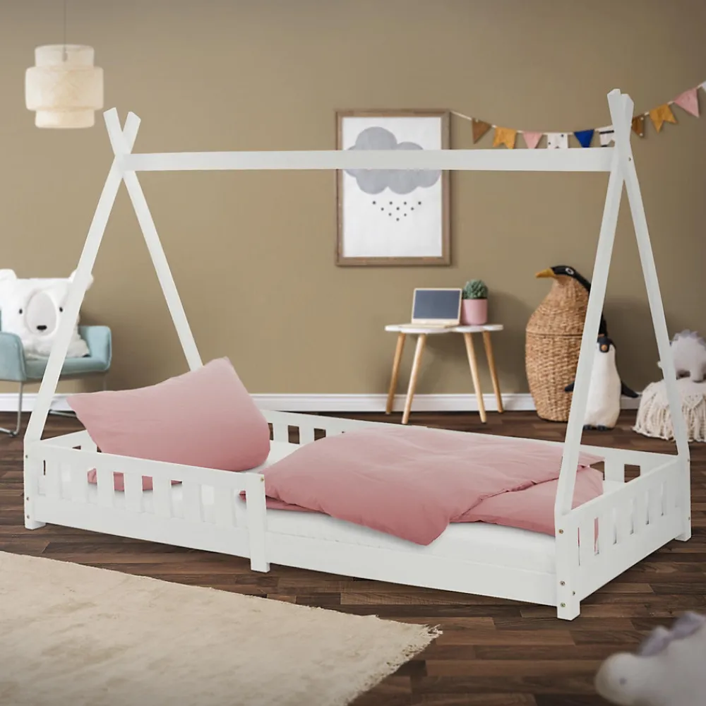 Lit d'enfants Tipi 90x200 cm blanc indien en bois de pin avec sommier et clôture de jeu>Ml-Design Hot