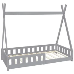 Lit d'enfants Tipi 80x160 cm gris clair maison en bois de pin avec sommier clôture de jeu>Ml-Design Outlet