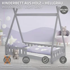 Lit d'enfants Tipi 80x160 cm gris clair maison en bois de pin avec sommier clôture de jeu>Ml-Design Outlet