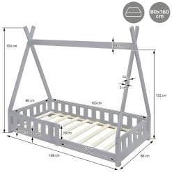Lit d'enfants Tipi 80x160 cm gris clair maison en bois de pin avec sommier clôture de jeu><noscript><img width=