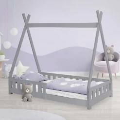 Lit d'enfants Tipi 80x160 cm gris clair maison en bois de pin avec sommier clôture de jeu><noscript><img width=