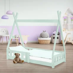 Lit d'enfants Tipi 70x140 cm vert menthe maison indien bois de pin sommier clôture de jeu><noscript><img width=