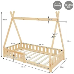 Ml-Design Lit d'enfants Tipi 80x160 cm naturel maison en bois de pin avec sommier clôture de jeu*Enfant Lit Enfant
