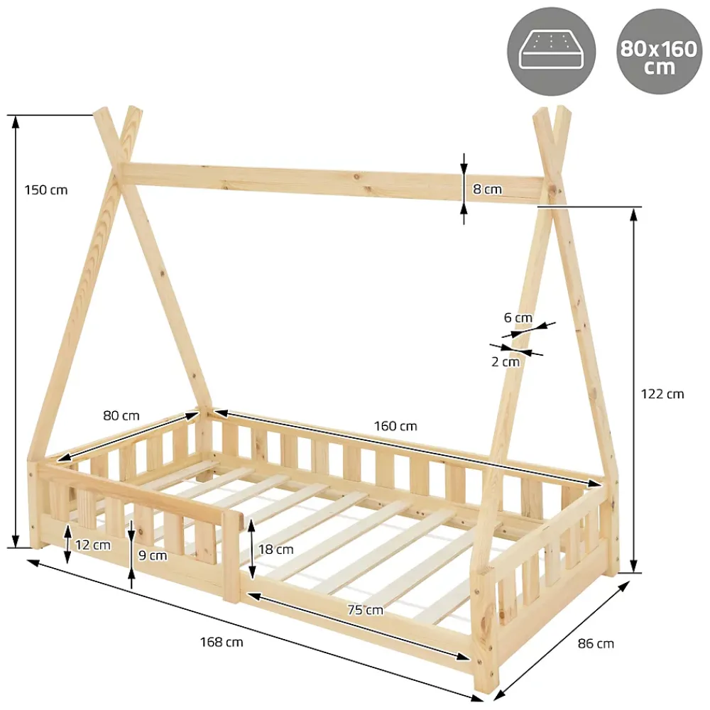 Ml-Design Lit d'enfants Tipi 80x160 cm naturel maison en bois de pin avec sommier clôture de jeu*Enfant Lit Enfant