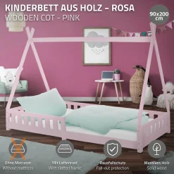 Lit d'enfants Tipi 90x200cm vert menthe indien bois de pin avec sommier et clôture de jeu>Ml-Design Hot