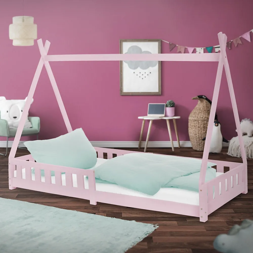 Lit d'enfants Tipi 90x200cm vert menthe indien bois de pin avec sommier et clôture de jeu>Ml-Design Hot
