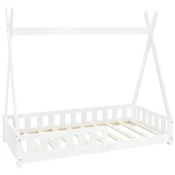 Lit d'enfants Tipi 80x160 cm blanc maison en bois de pin avec sommier clôture de jeu>Ml-Design Discount