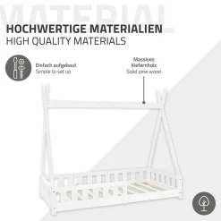 Lit d'enfants Tipi 80x160 cm blanc maison en bois de pin avec sommier clôture de jeu><noscript><img width=