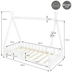 Lit d'enfants Tipi 80x160 cm blanc maison en bois de pin avec sommier clôture de jeu><noscript><img width=