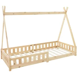 Lit d'enfants Tipi 90x200 cm naturel indien en bois de pin avec sommier et clôture de jeu>Ml-Design Online