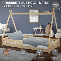Lit d'enfants Tipi 90x200 cm naturel indien en bois de pin avec sommier et clôture de jeu>Ml-Design Online