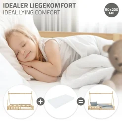 Lit d'enfants Tipi 90x200 cm naturel indien en bois de pin avec sommier et clôture de jeu><noscript><img width=