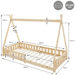 Lit d'enfants Tipi 90x200 cm naturel indien en bois de pin avec sommier et clôture de jeu><noscript><img width=